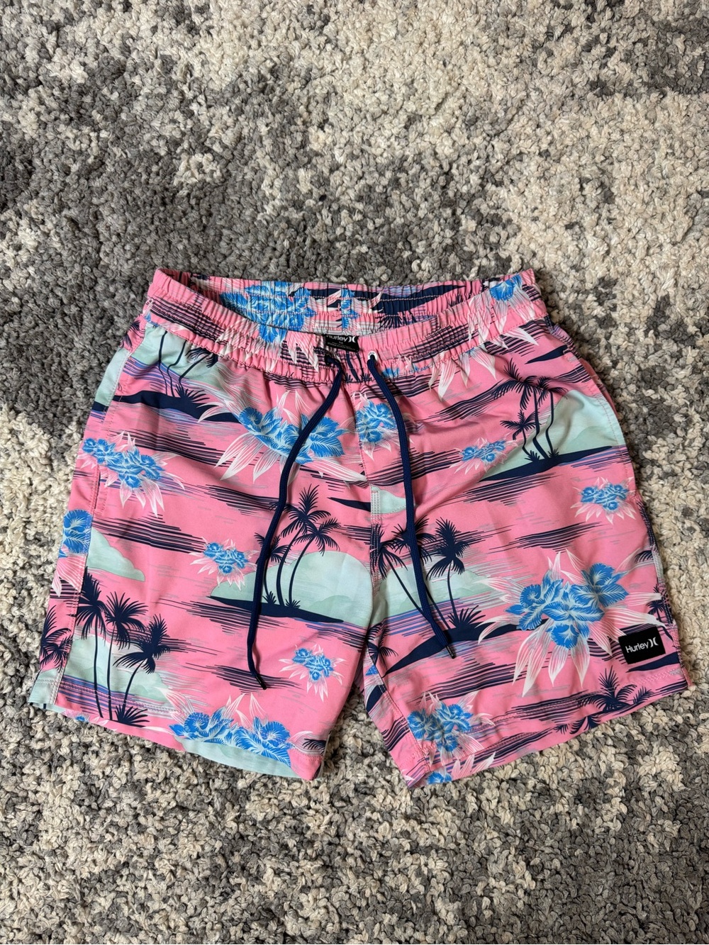 Hurley, Men’s Pink and Blue Tropical Floral Palm Tree Print Swim Shorts, Medium